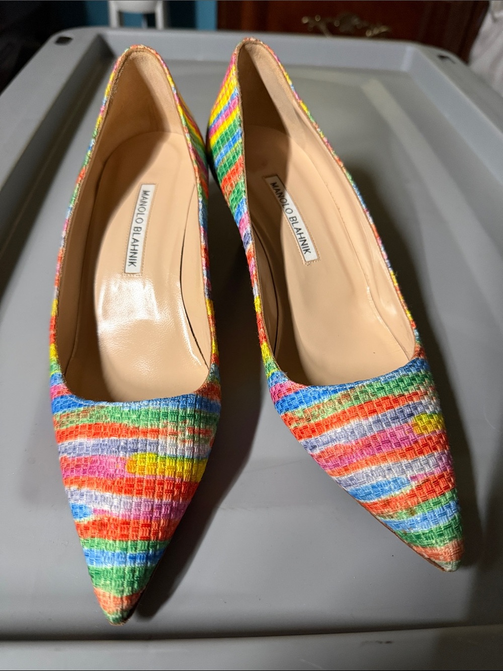 Manolo Blahnik Rainbow Striped Pointed-Toe Kitten Heels size 7.5